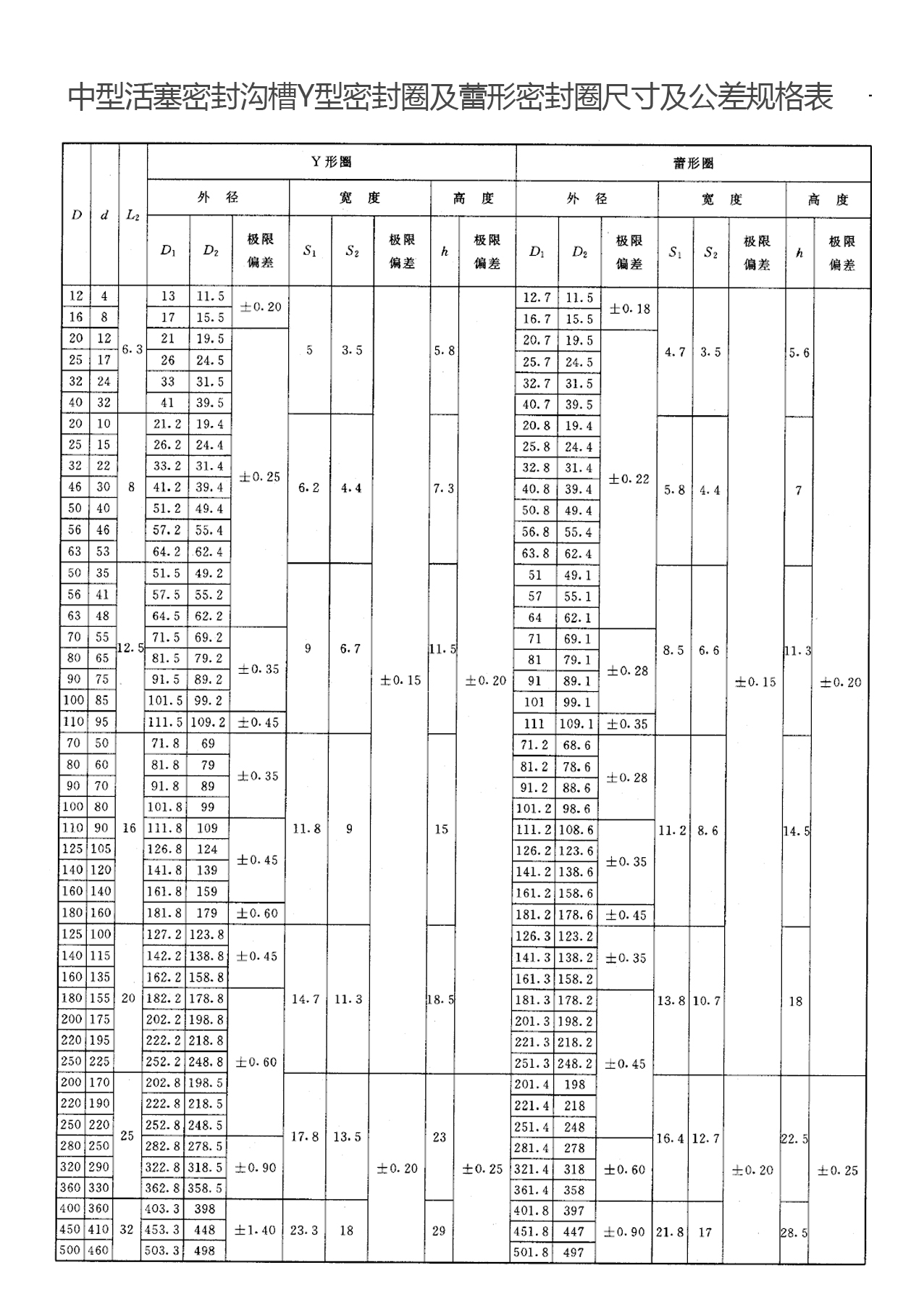 中型活塞密封溝槽Y型密封圈及蕾形密封圈尺寸及公差規格表