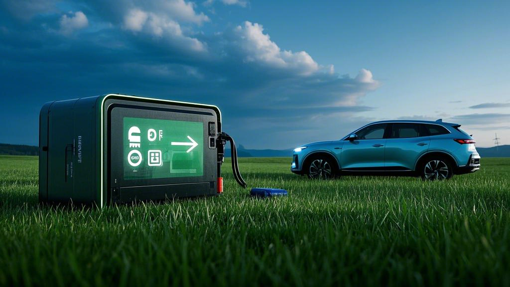 3新能源電池，草地背景，比例 16_9__，旁邊有部汽車