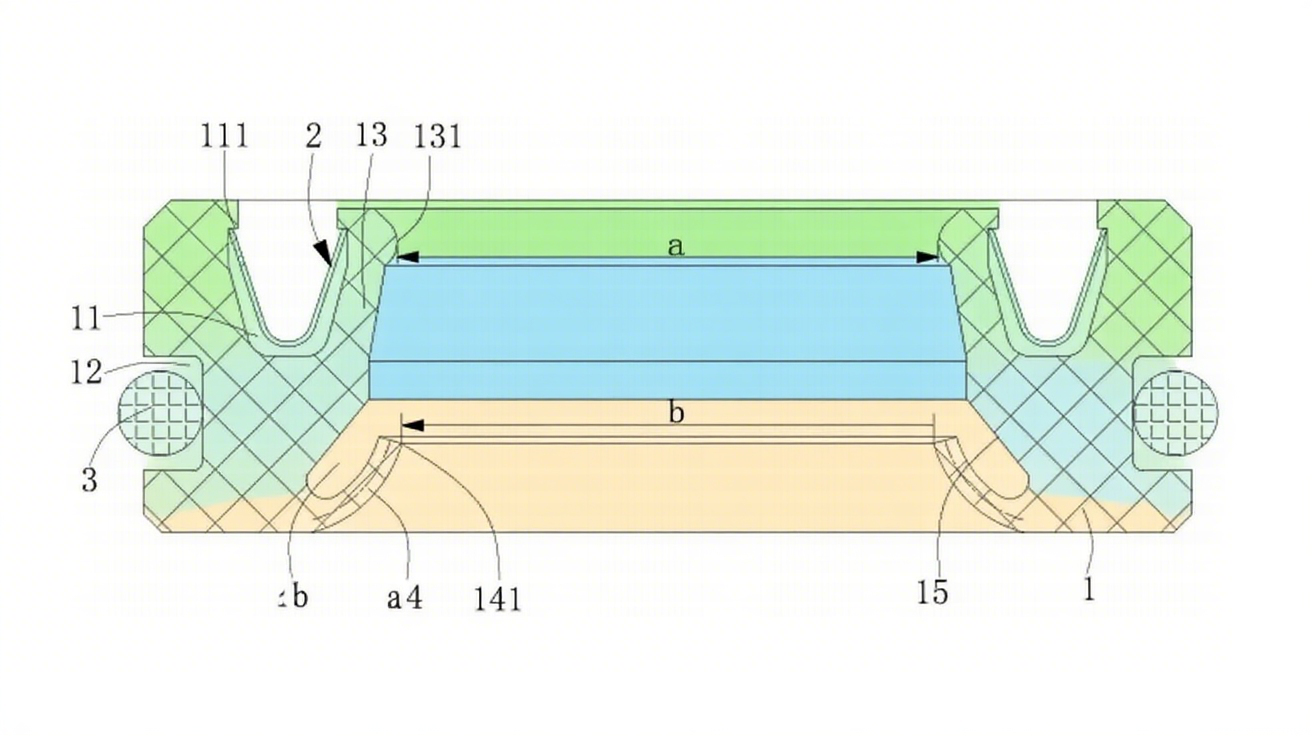 設計飛行器油泵海報1圖1（剖視圖）：展示油封本體、V型彈簧、O型圈的軸向分布，主唇口（131）與副唇口（141）的梯度位置關系。